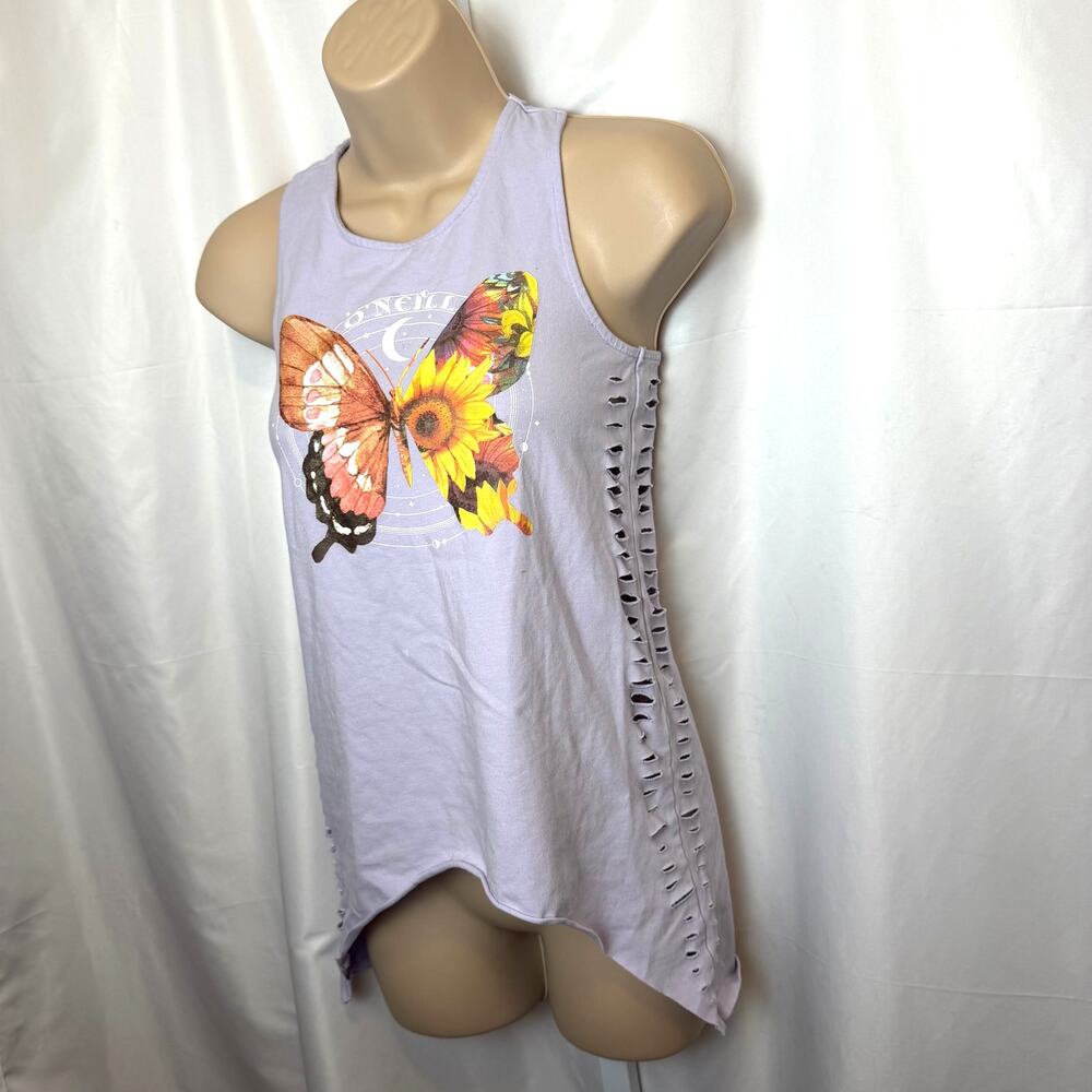 O’Neill Butterfly Sunflower Graphic‎ Tank Distressed Asymmetrical Hem Grunge M